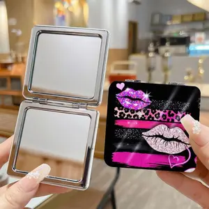Y2K hot girl trendy and cool simple portable small mirror, square European and American style makeup mirror, portable mini handheld mirror, cute cartoon girl double-sided folding magnifying makeup mirror, pocket sized travel mirror