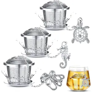 Tea Infusers for Loose Tea 3 Sets Loose Leaf Tea Steeper Tea Strainer Stainless Steel Tea Ball for Loose Tea Holder Tea Mesh Strainer Tea Filters with Drip Trays and Pendant (Aquatic Creatures Style)