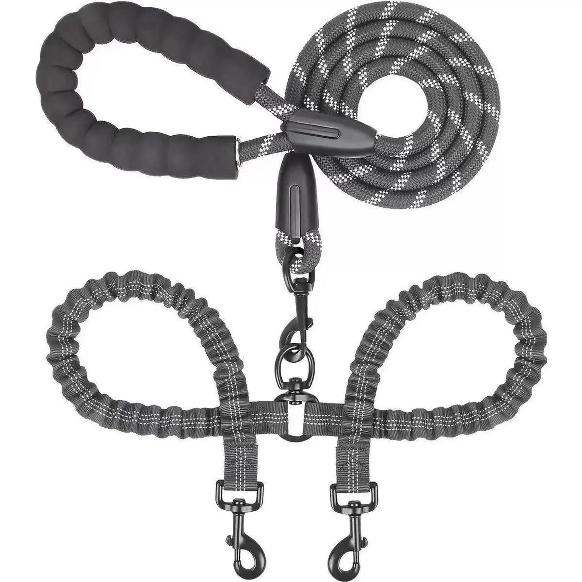 Kigipet Dual Dog Leash Combo, 360-Swivel Joint No-Tangle Walking Leash with Shock-Absorb Bungee Rope for 2 Dogs