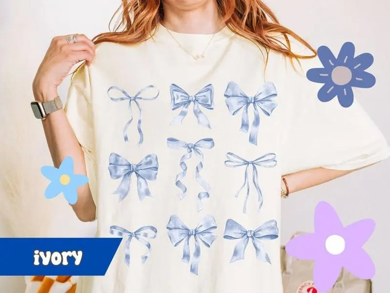 Blue Bow T-shirt, Comfort Colors Shirt,Coquette Aesthetic Shirts, Gift For Girly Girl Light Blue Ribbon Bows, Coquette Girl In My Soft Girl Era Trendy Balletcore, Blue Bow Graphic Shirt, Bow Print T-Shirt, Cute Ribbon Bow Shirt, Pastel Bow Graphic Tee