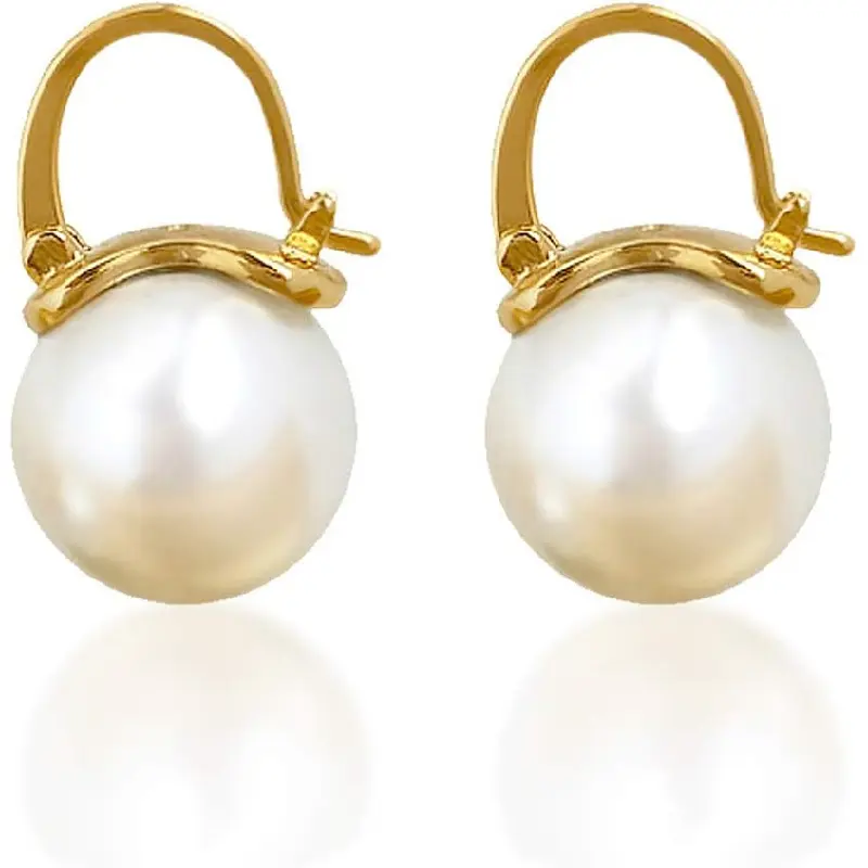 Women's 925 Sterling Silver Champagne Gold-Plated Leverback Earrings - 12mm Round Mother of Pearl Drop Dangles, 21.8mm Height, Elegant Gift for Anniversary, Valentine's Day, Round Pearls