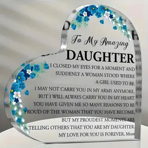 Heart Shaped Acrylic Daughter Gift Plaque, Floral Keepsake for Graduation, Birthday, Wedding, Elegant Novelty Desk Decor, for Room, Shelf, Or Tabletop