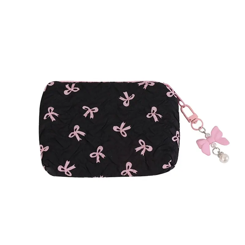 Quilted Puffy Mini Coin Purse - Coquette Aesthetic Chic Elegant Makeup Organization Bag, with Bow, for Lipstick, AirPods, Whats in My Bag & Soft Pink Aesthetic Travel Storage, Coin Holder/Purse, Girlies, Portable Vanity, Multi-Compartment, Makeup Organize