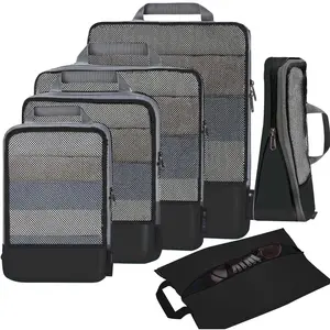 4 Set/6 Set/8 Set Compression Packing Cubes Travel Accessories Expandable Packing Organizers (Half Mesh, 6-Black)