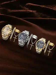 Men's Fashion Quartz Watch Set with Necklace Bracelet Ring, Perfect Gift for Thanksgiving Christmas Birthday, Business Style Jewelry Accessories