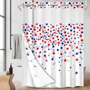 1PC 2D Flat Independence Day Tone Star Shower Curtain, Red White Navy Color Block Print, American Retro Holiday Bathroom Curtain (No Hooks)