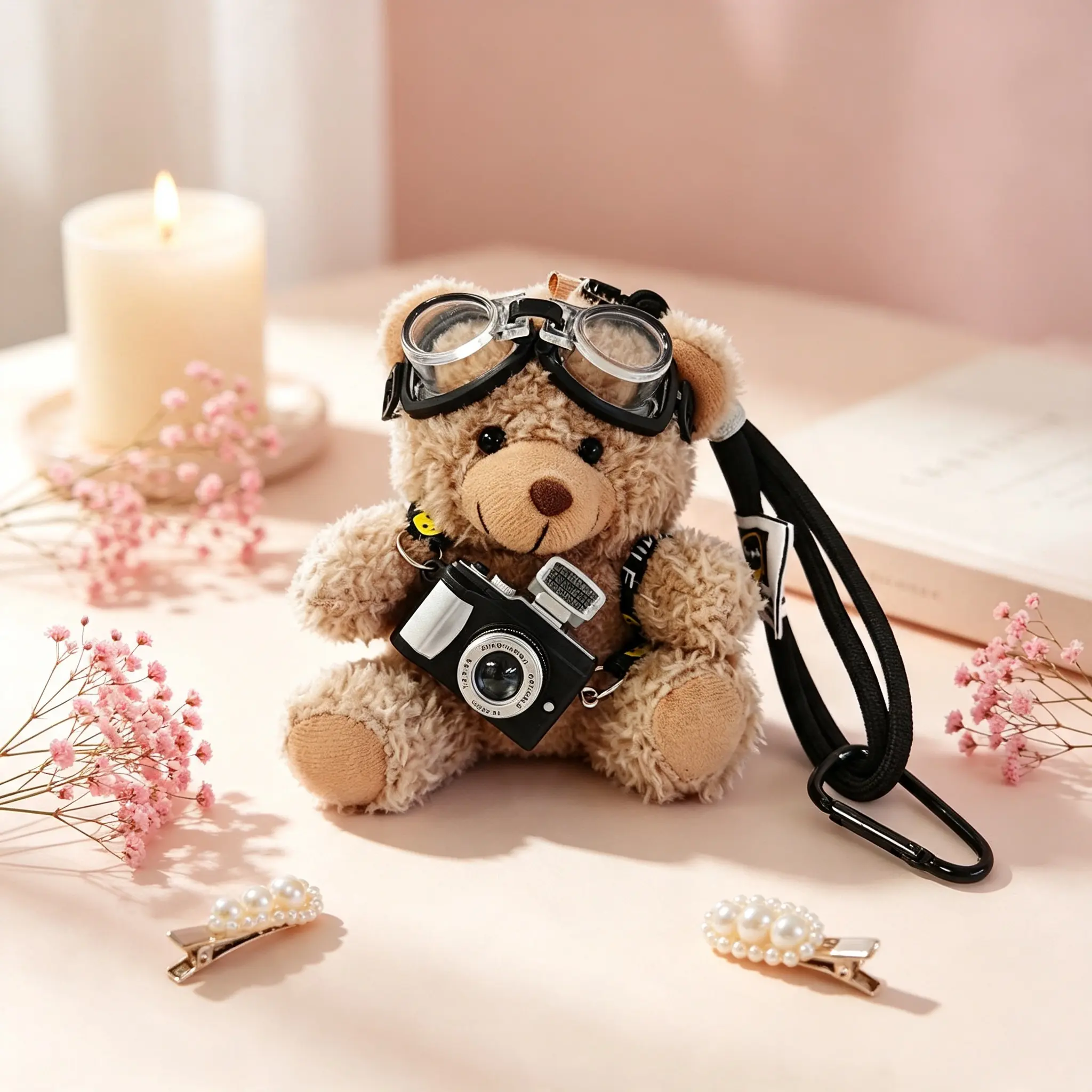 Cute Bear Plush Keychain Bag Charms with Flash Camera & Glass Decor, Adorable Functional Accessory for Handbags Purses Totes Backpacks