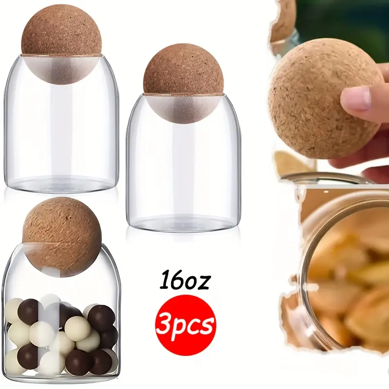 3Pcs/Set Mini Glass Jar with Ball Cork Lid,16 Oz Decorative Cute Candy Coffee Suger Tea Jar,Versatile Used for Holding Salt Qtip Apothecary Cotton Swab and Gift,Hand Tools Kits