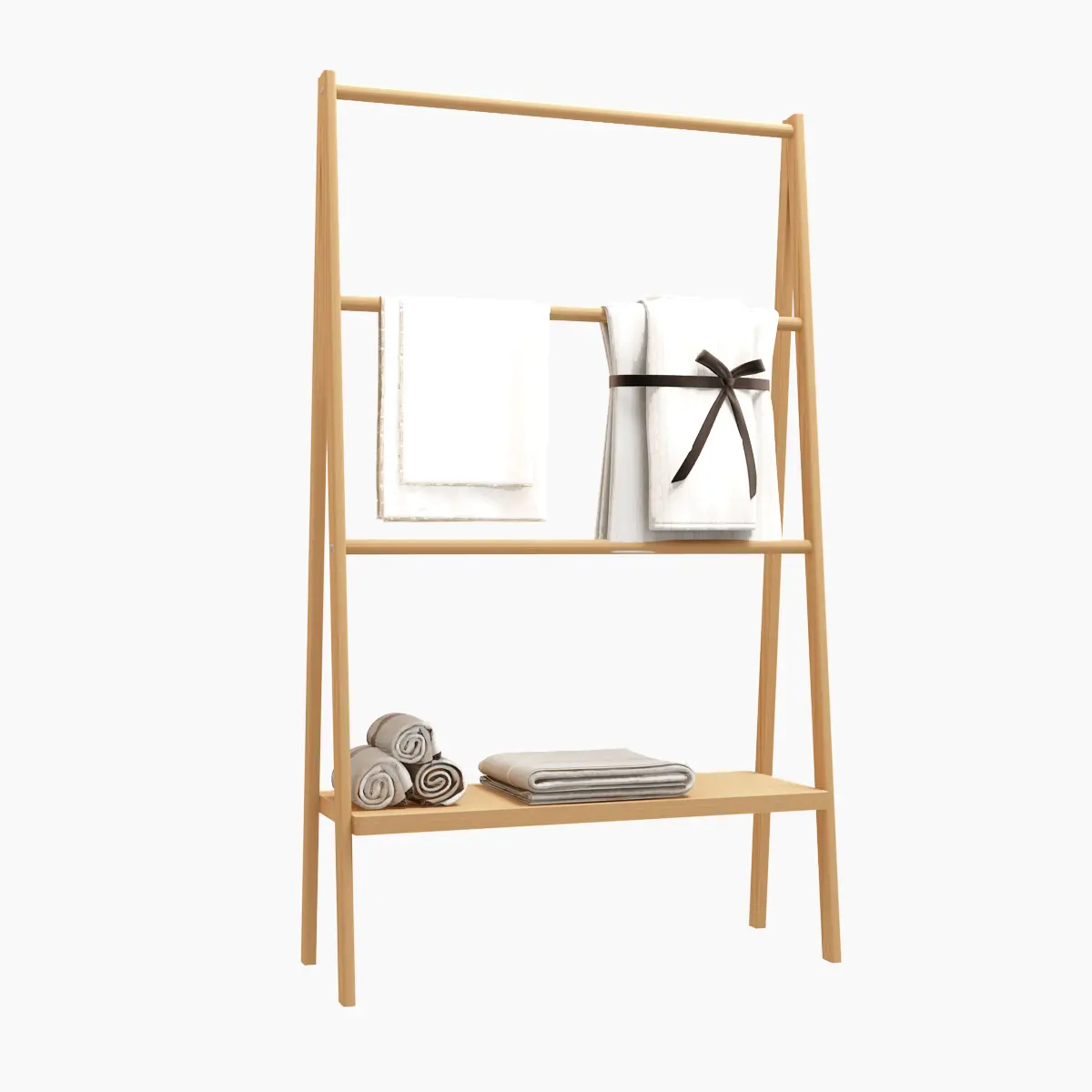 Bamboo Freestanding Towel Rack Ladder - A-Frame Towel Stand with Bottom Storage Shelf, Space Saver Home Organizer for Bathroom, Bedroom (Laundry, Blanket, Garment Storage)