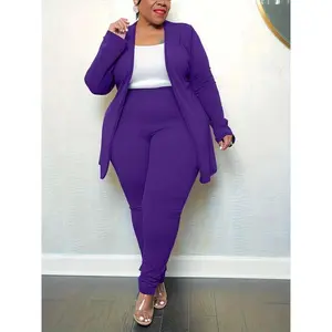 Plus Size Solid Long Sleeve Coat & Elastic Waist Skinny Pants Set, Casual Open Front Outerwear & High Waist Trousers, Women's Spring & Fall Outfits, Co-ord Sets for Women(gift)