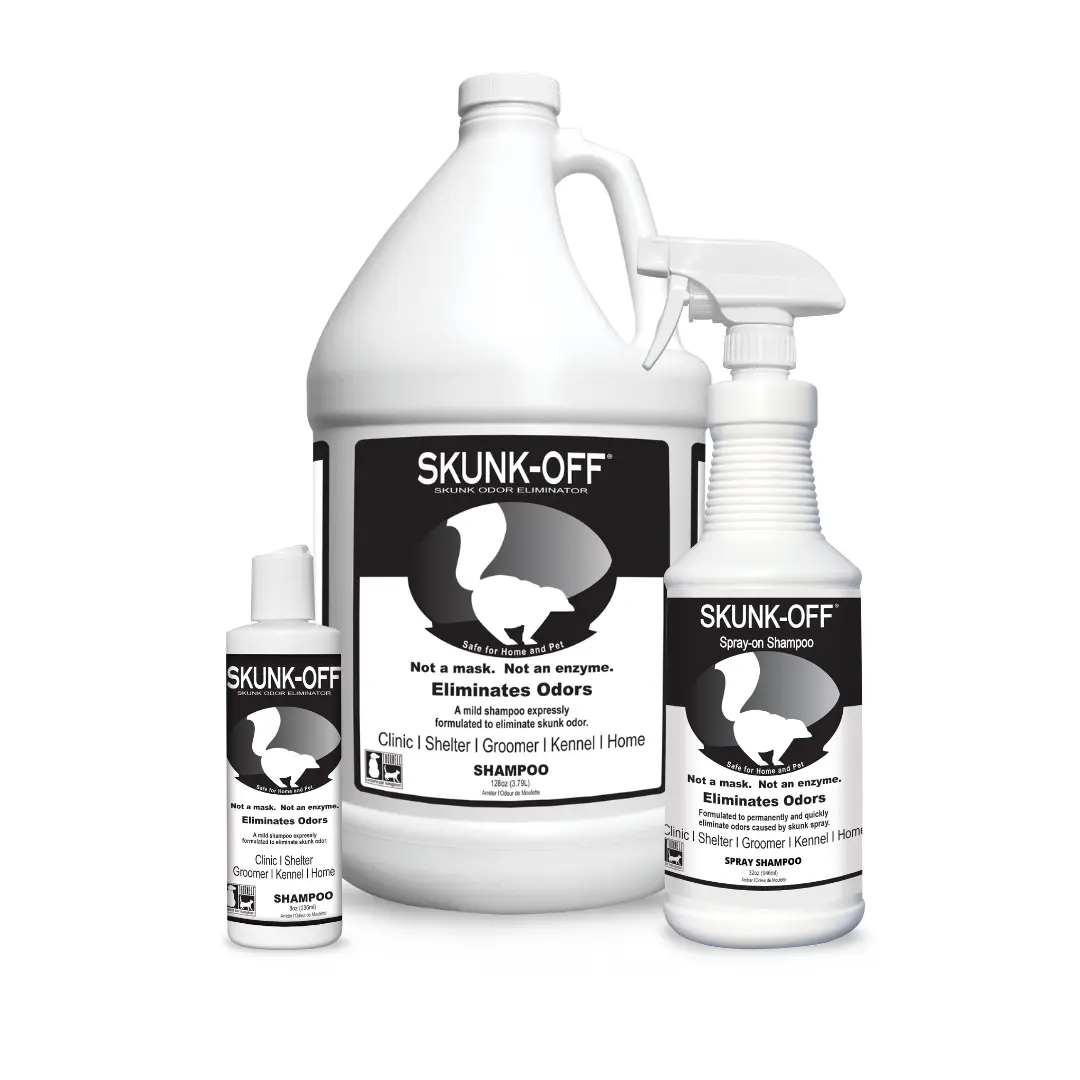 Skunk Spray Bundle 3 Piece - Skunk Off Pet Shampoo – Skunk Odor Remover for Animals and Home, Non-Enzymatic Formula - 1 Gallon, 32 oz and 8 oz, 3 Pack