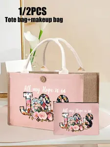 Jesus Pattern Handbag with Makeup Bag, Women's Portable Zipper Wallet, Travel Toilet Bag, Lunch Box Bag, Book Bag, Multi functional Bag, Travel Cosmetic Bag, Travel Essentials