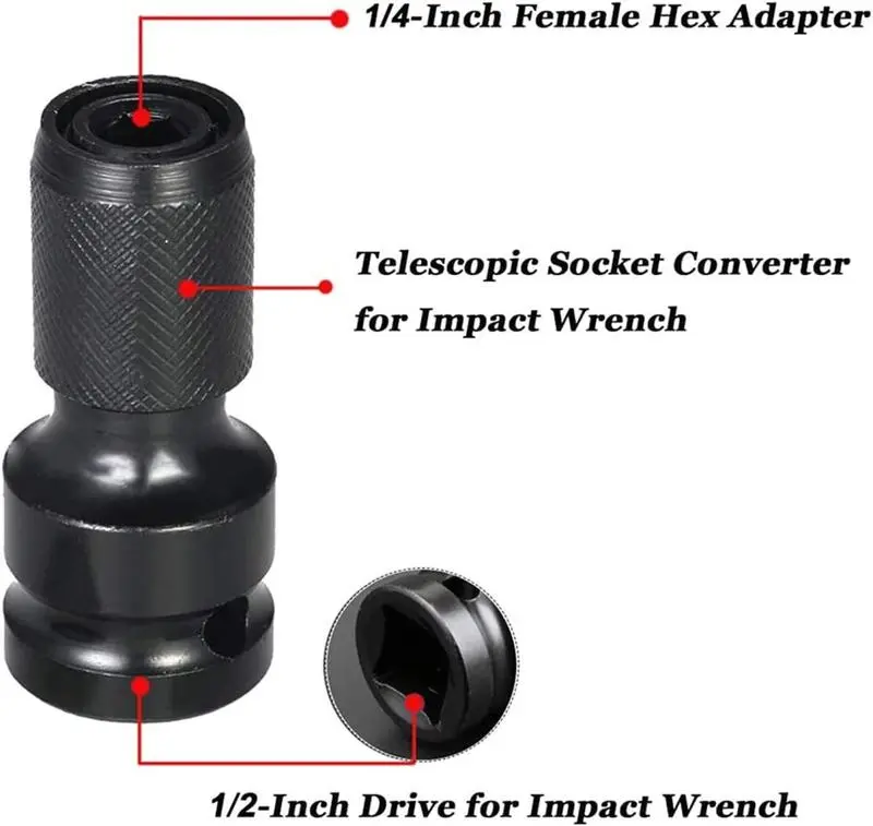1/2 in Square Drive to 1/4 in Hex Female Socket Adapter Conversion Fixture, Quick-Release Drive Converter for Impact Drill, Ratchet Wrench, Air & Electric Tools, 1/2 Inch Square Drive