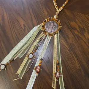 Bendición San Benito Door Blessing with Elegant Beaded Accents and Golden Tones Religious Accessories