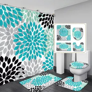 Creative Geometric Pattern Bathroom Accessories, 1 Shower Curtain & 1 Toilet Lid Cover & 1 Rectangular Mat & 1 U-shaped Mat, Bathroom Decor Supplies