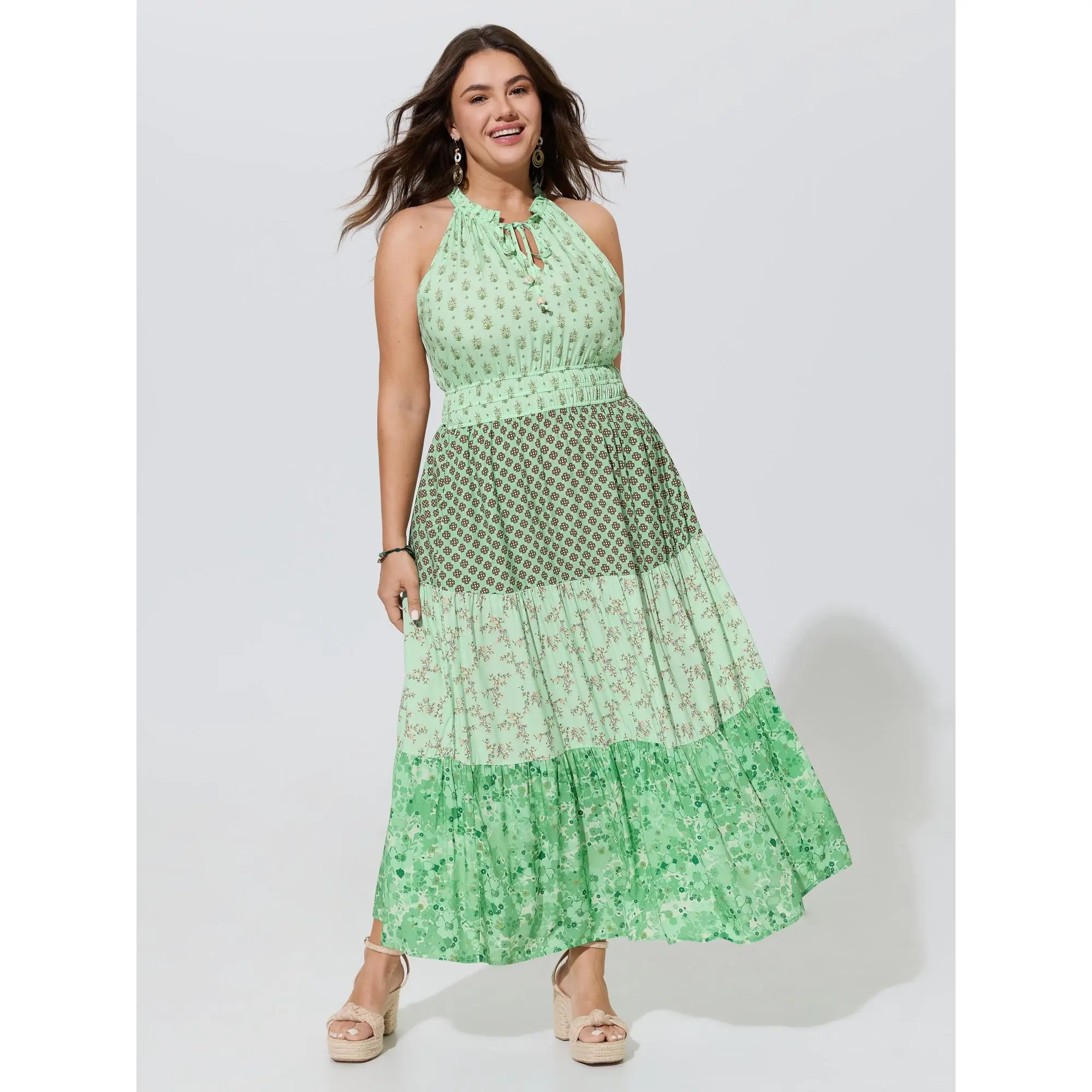 BLOOMCHIC Women's Plus Size Supersoft Mixed Floral Color-Contrast Tiered Maxi Dress, Smooth Bohemian Casual Garment with Comfortable Fabric [M-6X] Summer Finds