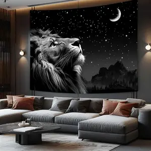 Men's Cool Lion Tapestry Space Stars Moon Tapestry Aesthetic Black Tapestry Bedroom Living Room Dormitory Decoration 60X 40inch Wall boys room decor tapestry y2k room decor