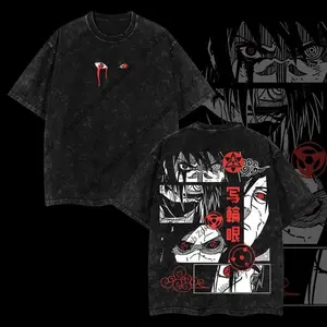 Naruto Sharingan Uchiha Washed Oversized Graphic Tee Double Sided Anime Print Crewneck Cotton Tshirt Vintage Retro Streetwear Casual Loose Fit Top For Men Women