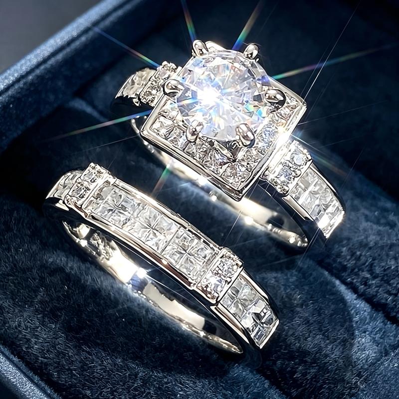 2Pcs Square Halo Bridal Ring Set for Women, Round Center Stone Engagement Ring with Matching Channel‑Set Stack Band, Sparkling Inlaid Wedding Proposal Fashion Jewelry Gift