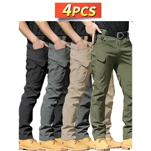 4pcsMen'sSlim-FitTacticalCargoPants-DurableRipstopWorkPantswithMulti-Pockets,All-SeasonWear-ResistantDesignforHiking,Camping,(MachineWashable),HikingPantsCasualPolyesterMenswearBeigeBlack+Gray+Khaki+Green(Ix7Pants)Plain