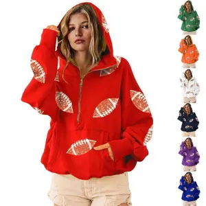 Ommig Womens Oversized Game Day Hoodies Long Sleeve Half Zipper Pullover Sequins Football Print Sweatshirt with Kangaroo Pocket
