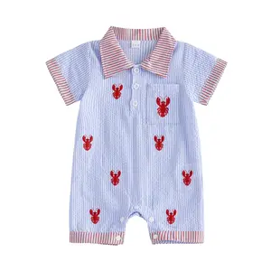 Newborn Baby Boy Crab Crawfish Striped Dress Shirt Romper Button Down Lapel Collar  Jumpsuit Gentleman Summer Outfit