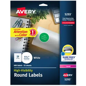 Avery Round Printable Labels, 1-2/3" Diameter, Matte White, Sure Feed Technology, Laser & Inkjet Compatible, 600 Blank Labels Total (5293)