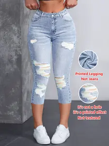 Women's Tight Fit Seven-Quarter Pants, Faux Denim Print, Slim-Fitting Casual Bottoms, All Season Wear, Comfortable and Stylish, Cropped, Leggings