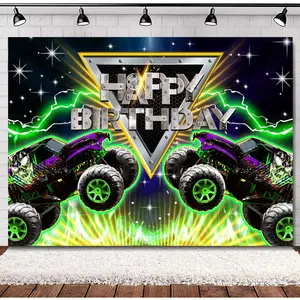 7x5 Feet Truck Birthday Backdrop Monster Green Car Grave Digger Birthday Party Light Racing Car Vehicle Jam Boys Decorations Photography Background Banner Photo Booth Studio