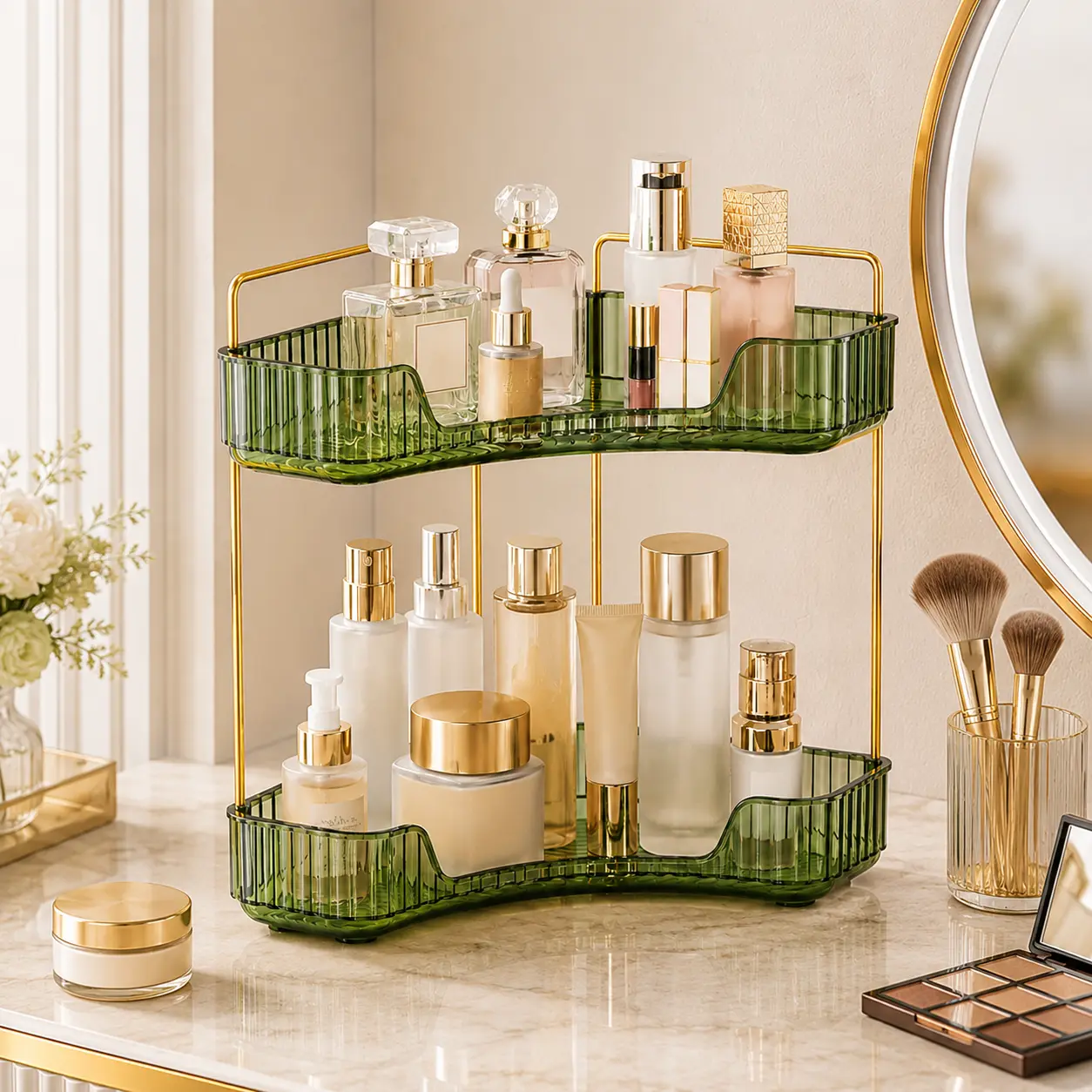 2 Tier Waterproof Bathroom Corner Organizer Countertop Shelf, Clear PET Cosmetic Skincare Storage Tray Holder with Rustproof Gold Metal Legs, Space Saving Vanity Sink Rack, Apartment & Dorm Essential