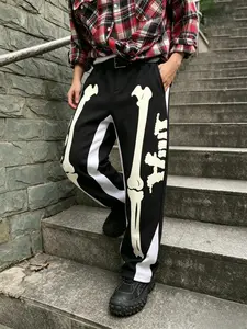 Y2K Men's Hip Hop Style Drawstring Summer Sweatpants with Bone Print Design Loose Casual Athletic Pants Machine Washable Fashionable and Versatile Straight Leg Suitable for Back to School Street Activities and Outdoor Sports