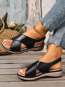 Women's Fashion Comfortable Fish Mouth Thick Sole Wedge Summer Sandals, Casual Trendy Sandals, Back Magic Tape Closure Design, Daily Commute Stylish Shoes Footwear