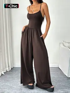Women's Casual Sexy Spaghetti Strap Backless Sleeveless Slim Fit Jumpsuit, Wide Leg One-Piece, New Style, Fashionable and Comfortable