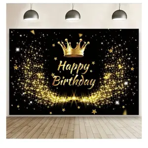 Laeacco Happy Birthday Backdrop 12x8ft Black and Gold Men Women
