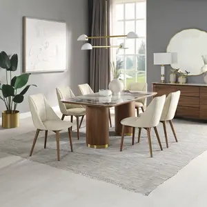 Acme DN03145-7PC Willene Walnut Finish Wood Ribbed Pedestals Mid Century Dining Table Set