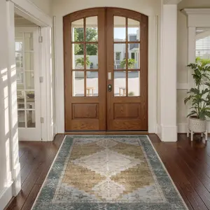 3x5 Rug Non Slip,  Tribal Washable Rugs for Bedroom Ultra Thin, Machine Washable Medallion Carpet for Living Room Kitchen Entrance Decor (Camel,3'x5')