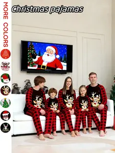 Family Matching Pajamas Set, Plaid Deer Print Top, Striped Pants, Casual Fitted Sleepwear for Parents and Kids, All Seasons