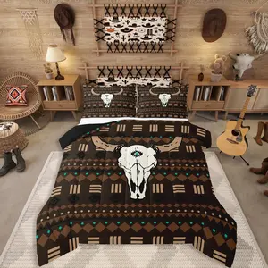 Boho Aztec Comforter Set,Bull Skull Bedding Set,Western Cowboy Down Comforter,Native Ethnic Horns Duvet Insert