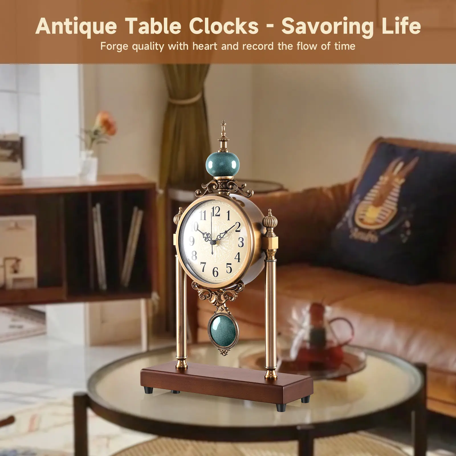 Vintage Decorative Analog Clock - Silent Non-Ticking, Antique Tabletop, Classic Wooden Base, Metal Frame, Turquoise Accents, Soothing Decorative Antique Design for Indoor Home & Garden Decor