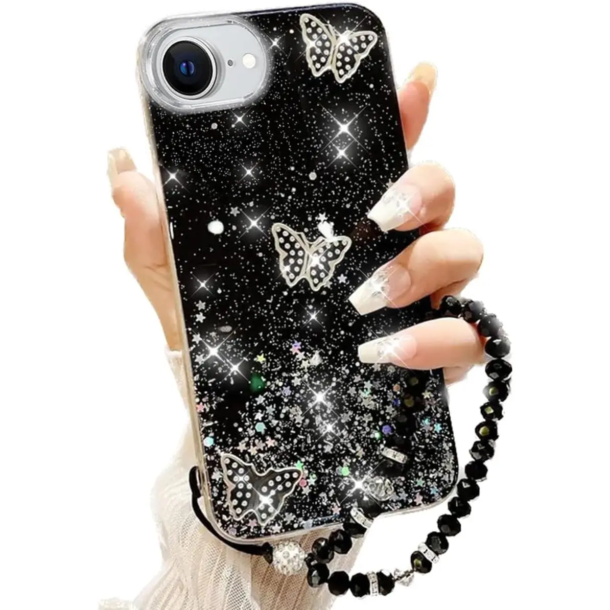 for  16e (2025) Bling Case with Lanyard, Shockproof Cute 3D Butterfly Glitter Soft TPU Woman Girly Sparkle Shiny Phone Cover with  Wrist Strap for  16e 6.1 inch (Black)