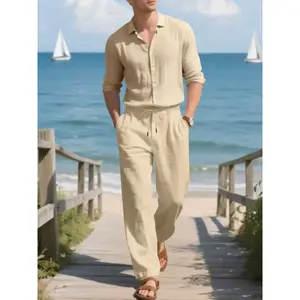 Men's Long Sleeve Linen Shirt Pants Set, Casual Vacation Comfortable, Suitable for Outdoor Travel and Holiday Wear