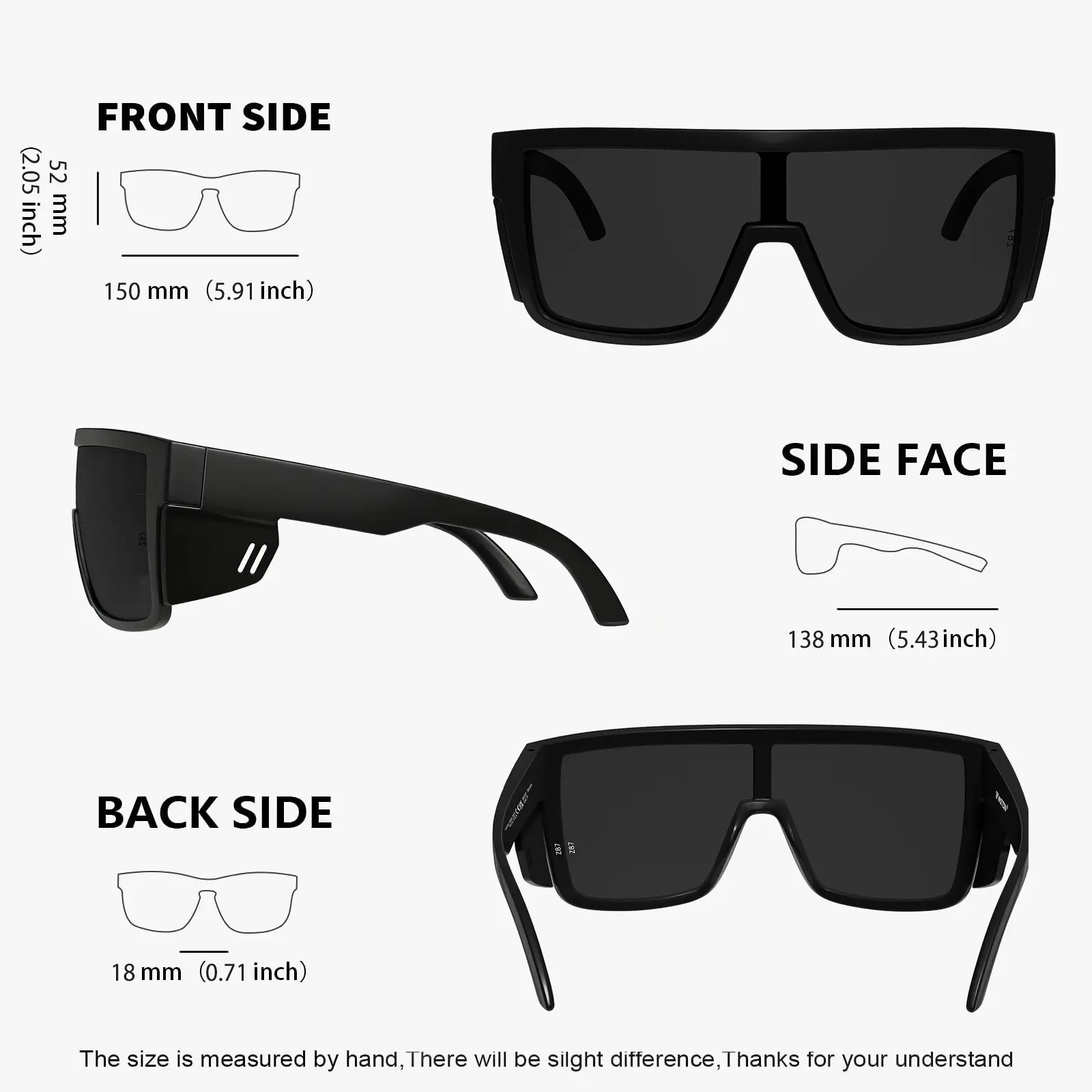 WISTON XL Z87 Full Rim Rectangular Sunglasses for Wide-Headed