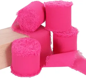 4 Rolls Hot Pink Chiffon Ribbon 1 1/2 Inch 5.5 Yards Fabric Silk for Gift Wrapping, Wedding Party Decoration, Flower Bouquet, Bows Making, DIY Crafts