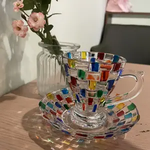 Hand-Painted Colorful Mosaic Glass Cup & Saucer Set, Unique Artistic Coffee Mug for Tea & Espresso