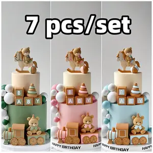 Cute Bear Cake Decoration Set, 7 Pieces, Soft Rubber Material, Reusable, Perfect for Birthday Parties, Baby Shower, Gender Reveal