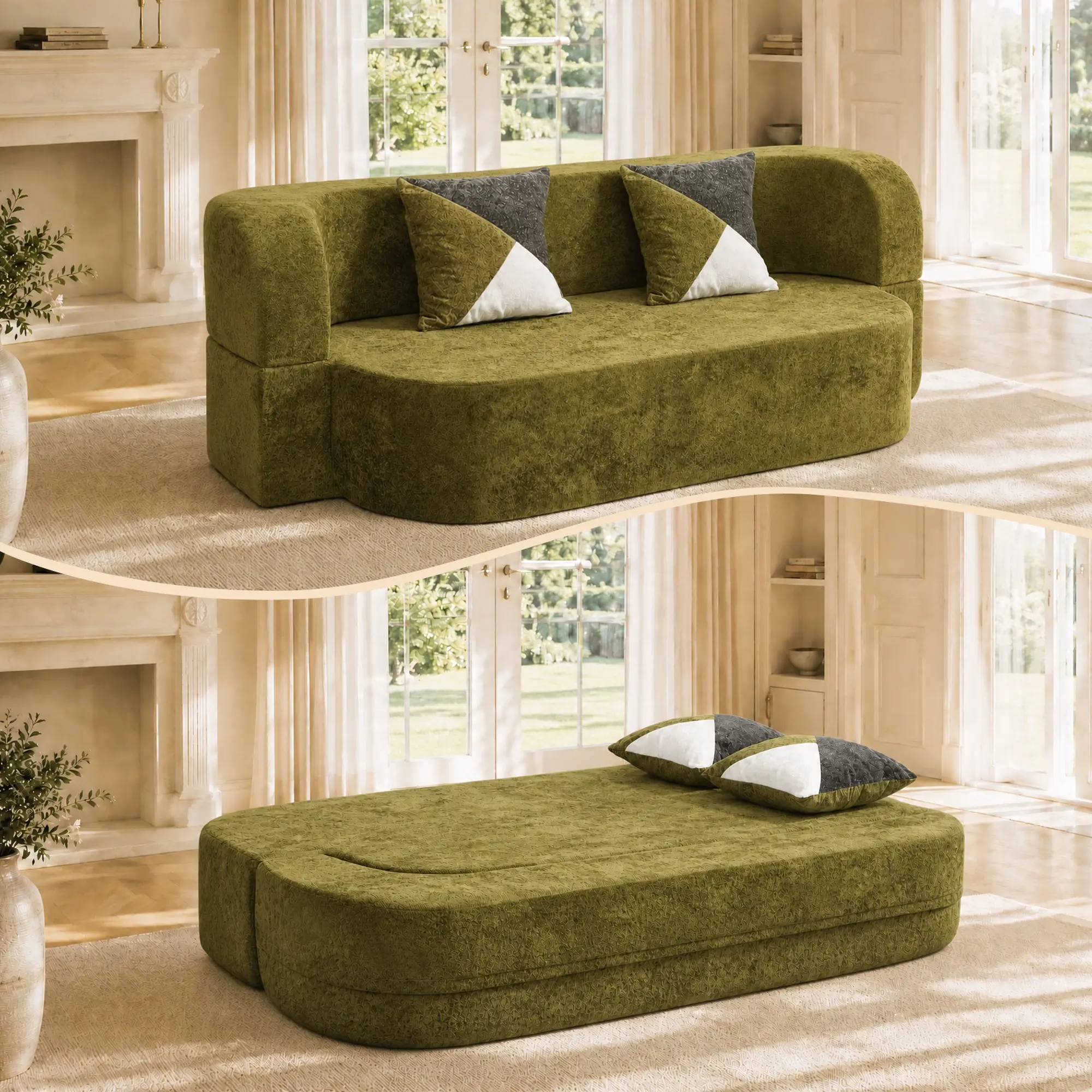 Eyisean 79 In Modern Rectangular 2-in-1 Convertible Sleeper Sofa Bed, Foldable Floor Futon Loveseat Mattress with Pillows, Comfy Polyester Boneless Cloud Couch, Deep Seat for Living Room, Small Spaces, No Assembly Required