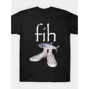 Fih Text & Fish On Shoes Graphic T-Shirt - Humorous & Quirky Meme Inspired Crew Neck Tee