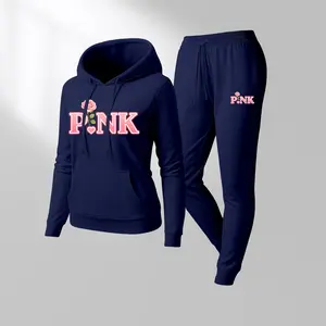 Women's Pink Flower Print Hoodie And Drawstring Track Pants Set, Casual Sportswear, Long-Sleeved Hooded Jacket And Pants, Suitable For Autumn And Winter, Everyday Wear, Indoor And Outdoor Sportswear, Casual Sportswear
