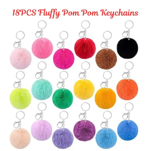 18PCS Fluffy Pom Pom Keychains – Soft Faux Fur Ball Keychains with Hooks, Cute Rabbit Puff Keychain Accessories for Bags, Keys & Gifts for Women and Girls