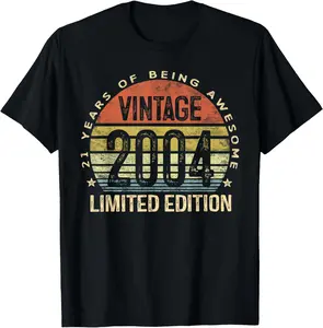 Vintage 2004 Limited Edition 21-Year-Old Gifts 21st Birthday Women's Letter Print Solid Round Neck Tee, Regular Fit Casual Short Sleeve T-shirt, Summer Outfits, Women's Top, Daily Outdoor